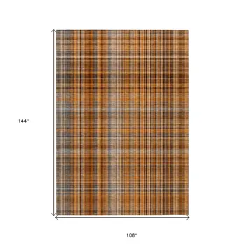 9' X 12' Terra Cotta Plaid Washable Non Skid Indoor Outdoor Area Rug