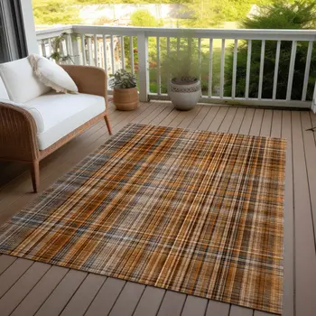 9' X 12' Terra Cotta Plaid Washable Non Skid Indoor Outdoor Area Rug