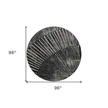 8' Round Black and Ivory Round Abstract Washable Non Skid Indoor Outdoor Area Rug