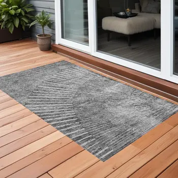 3' X 5' Gray and Ivory Abstract Washable Non Skid Indoor Outdoor Area Rug
