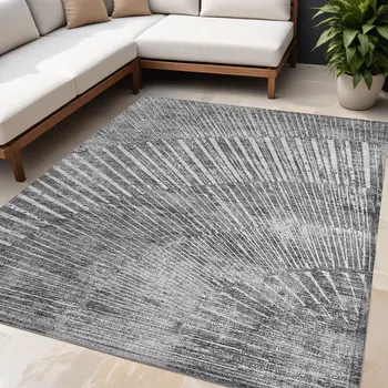 5' X 8' Gray and Ivory Abstract Washable Non Skid Indoor Outdoor Area Rug