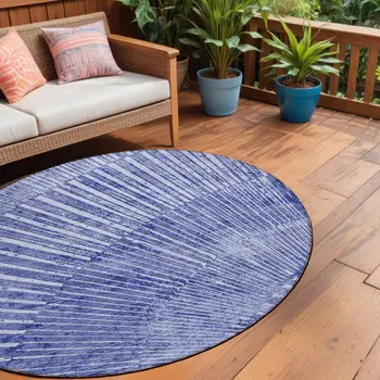 8' Round Navy Blue Round Abstract Washable Non Skid Indoor Outdoor Area Rug
