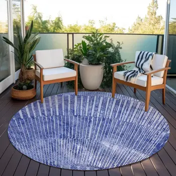 8' Round Navy Blue Round Abstract Washable Non Skid Indoor Outdoor Area Rug