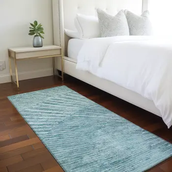 8' Runner Teal Abstract Washable Non Skid Indoor Outdoor Runner Rug