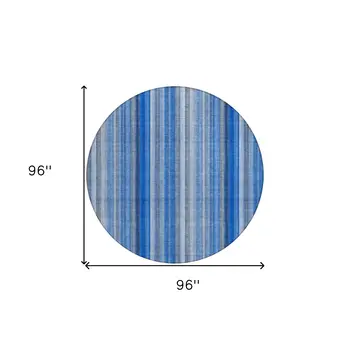 8' Round Blue Round Striped Washable Non Skid Indoor Outdoor Area Rug