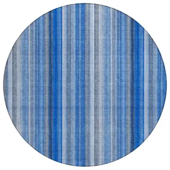 8' Round Blue Round Striped Washable Non Skid Indoor Outdoor Area Rug