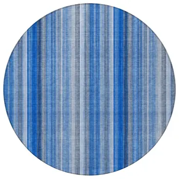 8' Round Blue Round Striped Washable Non Skid Indoor Outdoor Area Rug