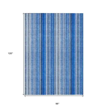 8' X 10' Blue Striped Washable Non Skid Indoor Outdoor Area Rug