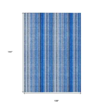 9' X 12' Blue Striped Washable Non Skid Indoor Outdoor Area Rug