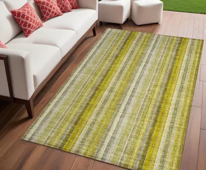 5' X 8' Gold Striped Washable Non Skid Indoor Outdoor Area Rug