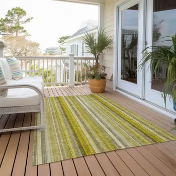 5' X 8' Gold Striped Washable Non Skid Indoor Outdoor Area Rug