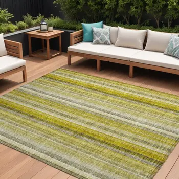 10' X 14' Gold Striped Washable Non Skid Indoor Outdoor Area Rug
