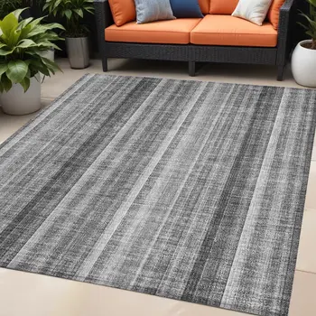 5' X 8' Gray Striped Washable Non Skid Indoor Outdoor Area Rug