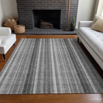 5' X 8' Gray Striped Washable Non Skid Indoor Outdoor Area Rug