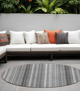 8' Round Gray Round Striped Washable Non Skid Indoor Outdoor Area Rug