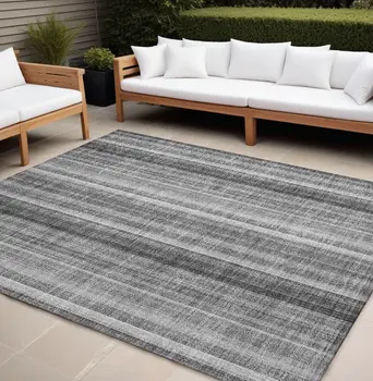 8' X 10' Gray Striped Washable Non Skid Indoor Outdoor Area Rug