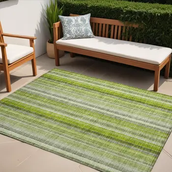 5' X 8' Green Striped Washable Non Skid Indoor Outdoor Area Rug
