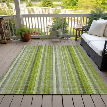 9' X 12' Green Striped Washable Non Skid Indoor Outdoor Area Rug