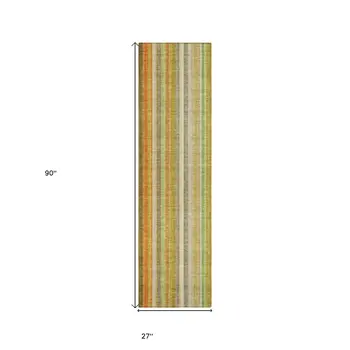 8' Runner Tan Orange and Green Striped Washable Non Skid Indoor Outdoor Runner Rug