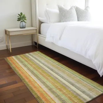 8' Runner Tan Orange and Green Striped Washable Non Skid Indoor Outdoor Runner Rug