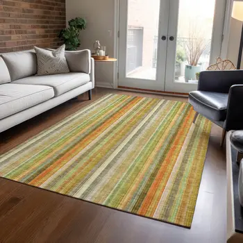 5' X 8' Tan Orange and Green Striped Washable Non Skid Indoor Outdoor Area Rug