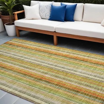 10' X 14' Tan Orange and Green Striped Washable Non Skid Indoor Outdoor Area Rug