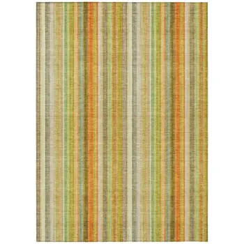 10' X 14' Tan Orange and Green Striped Washable Non Skid Indoor Outdoor Area Rug