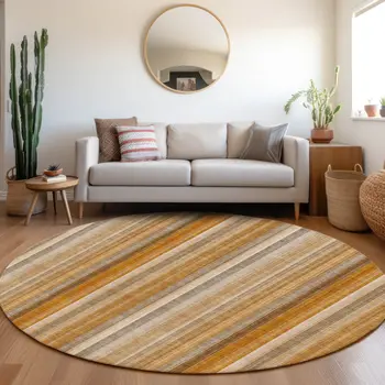 8' Round Orange Ivory and Gray Round Striped Washable Non Skid Indoor Outdoor Area Rug