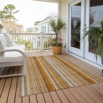 8' X 10' Orange Ivory and Gray Striped Washable Non Skid Indoor Outdoor Area Rug