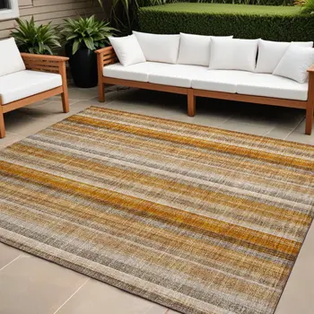 10' X 14' Orange Ivory and Gray Striped Washable Non Skid Indoor Outdoor Area Rug