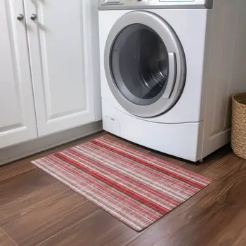 2' X 3' Gray Pink and Red Striped Washable Non Skid Indoor Outdoor Area Rug