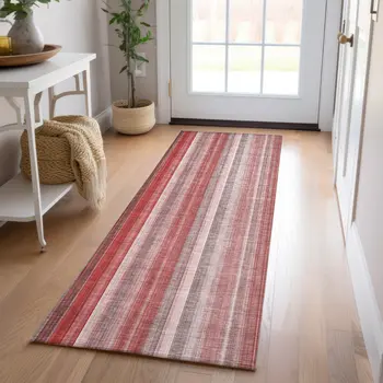 8' Runner Gray Pink and Red Striped Washable Non Skid Indoor Outdoor Runner Rug