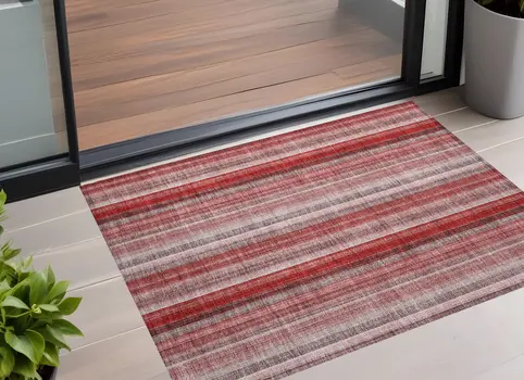 3' X 5' Gray Pink and Red Striped Washable Non Skid Indoor Outdoor Area Rug