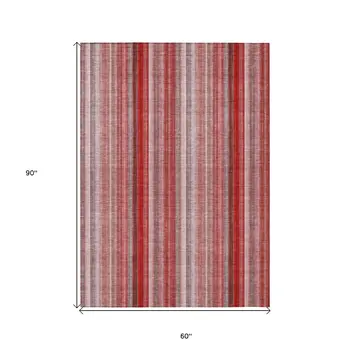 5' X 8' Gray Pink and Red Striped Washable Non Skid Indoor Outdoor Area Rug