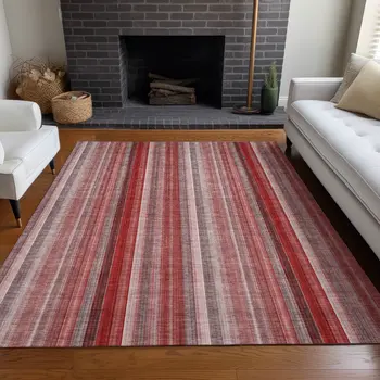 5' X 8' Gray Pink and Red Striped Washable Non Skid Indoor Outdoor Area Rug