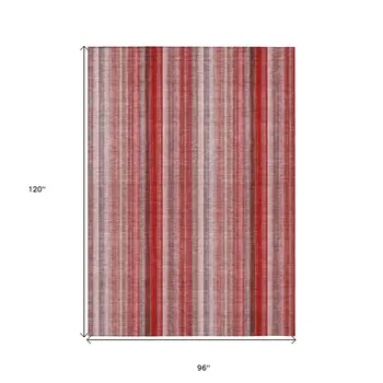 8' X 10' Gray Pink and Red Striped Washable Non Skid Indoor Outdoor Area Rug