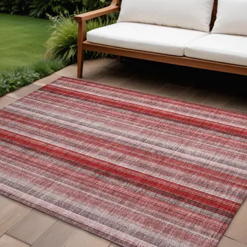 10' X 14' Gray Pink and Red Striped Washable Non Skid Indoor Outdoor Area Rug