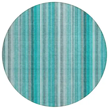 8' Round Teal and Gray Round Striped Washable Non Skid Indoor Outdoor Area Rug