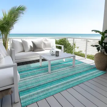 10' X 14' Teal and Gray Striped Washable Non Skid Indoor Outdoor Area Rug