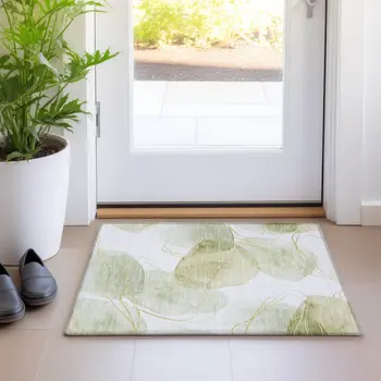 2' X 3' Green and Ivory Abstract Washable Non Skid Indoor Outdoor Area Rug