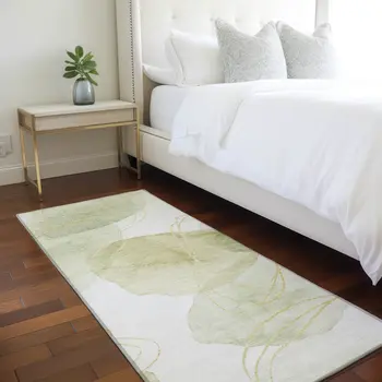 2' X 8' Green and Ivory Abstract Washable Non Skid Indoor Outdoor Runner Rug