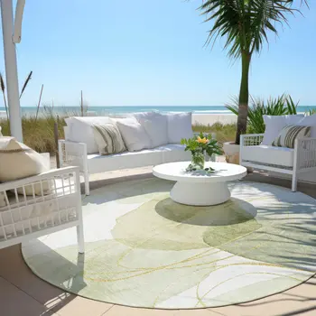 8' Green And Ivory Round Abstract Washable Indoor Outdoor Area Rug