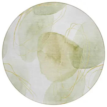 8' Green And Ivory Round Abstract Washable Indoor Outdoor Area Rug