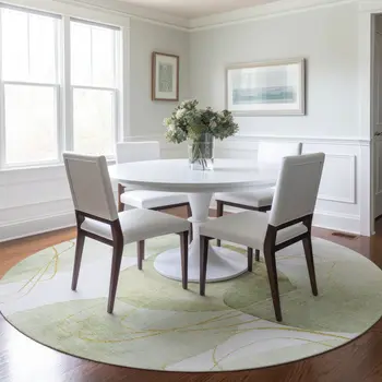 8' Green And Ivory Round Abstract Washable Indoor Outdoor Area Rug