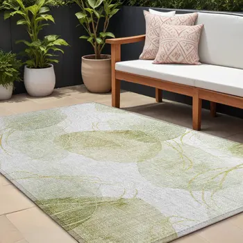10' X 14' Green And Ivory Abstract Washable Indoor Outdoor Area Rug