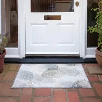 2' X 3' Ivory Blue and Gray Abstract Washable Non Skid Indoor Outdoor Area Rug