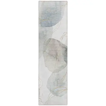 8' Ivory Blue And Gray Abstract Washable Indoor Outdoor Runner Rug