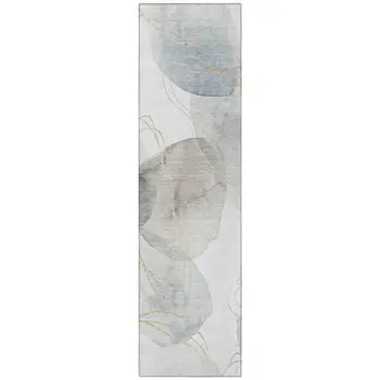 8' Ivory Blue And Gray Abstract Washable Indoor Outdoor Runner Rug