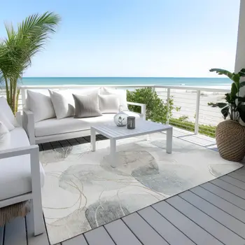 3' X 5' Ivory Blue and Gray Abstract Washable Non Skid Indoor Outdoor Area Rug