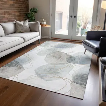 3' X 5' Ivory Blue and Gray Abstract Washable Non Skid Indoor Outdoor Area Rug